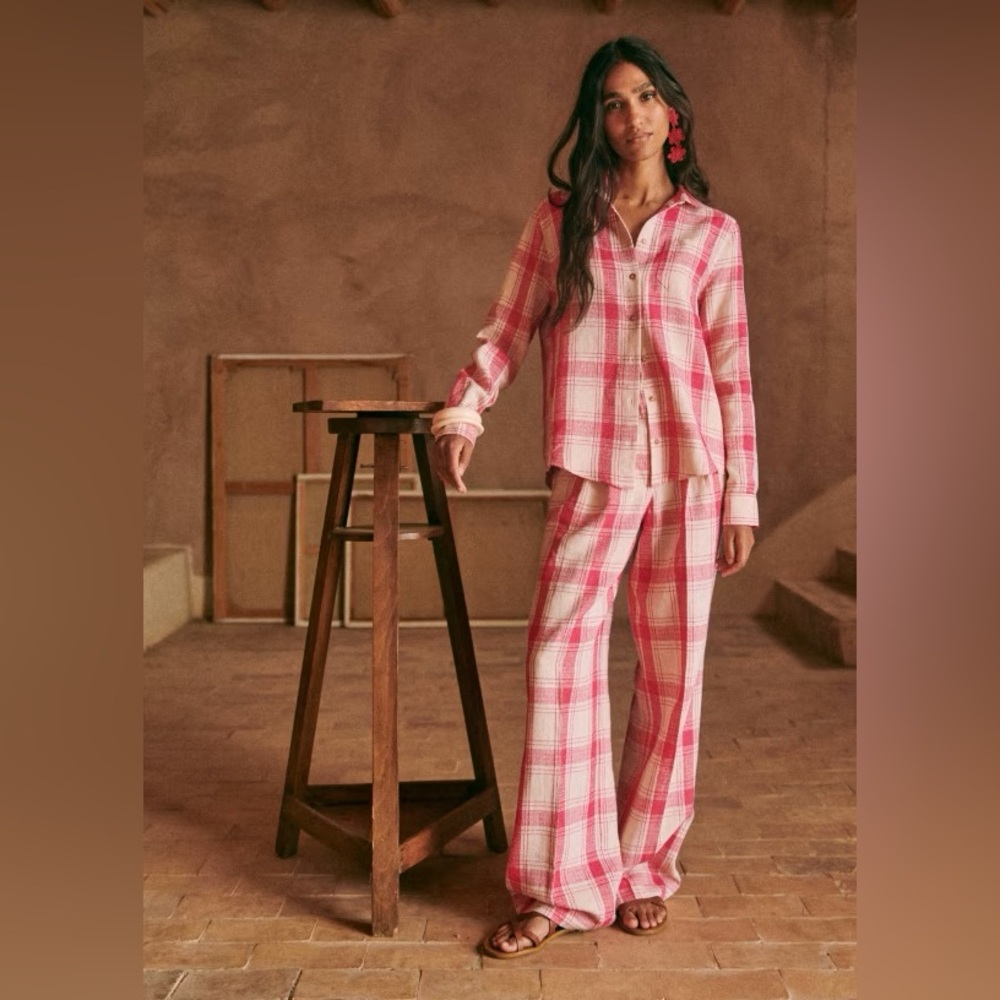 Sezane Tomboy Button-Up Shirt Plaid Pink White Maxi Check Sz 6 NWT Linen Blend - Picture 10 of 11
